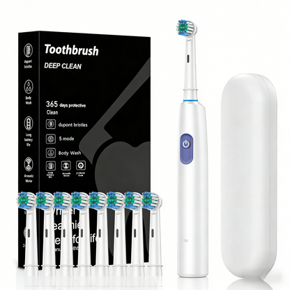 White Rotating Round Head Electric Toothbrush Kit with 8 Heads & Case - 3D Oscillating Mechanical Cleaning for Deep Plaque Removal