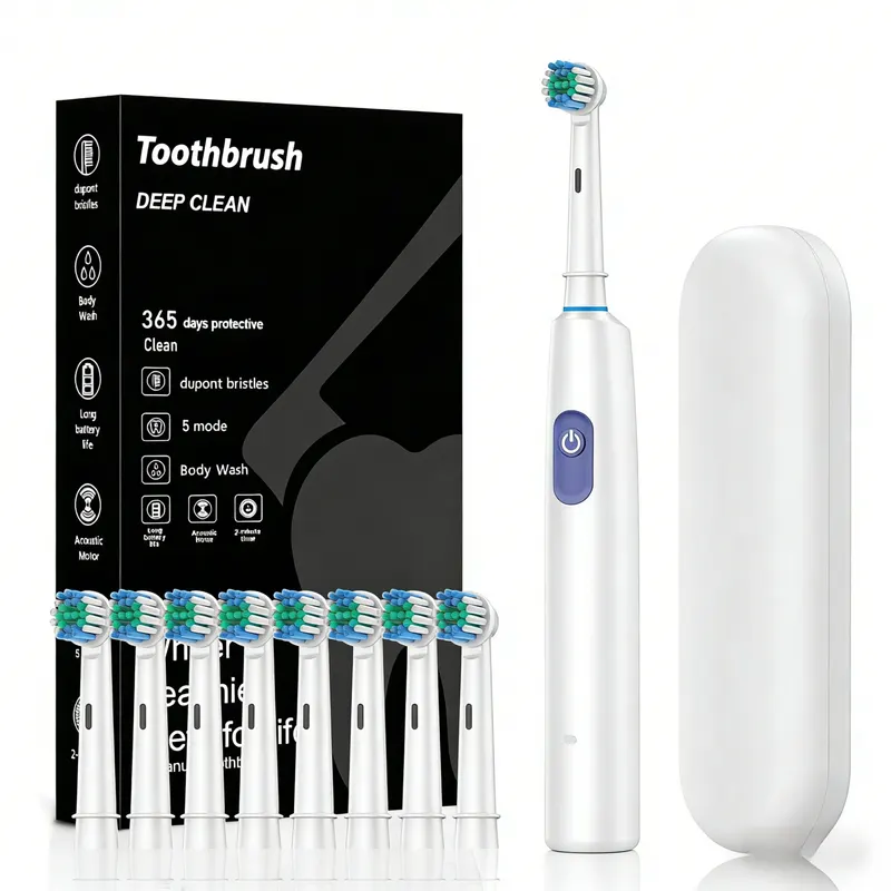 White Rotating Round Head Electric Toothbrush Kit with 8 Heads & Case - 3D Oscillating Mechanical Cleaning for Deep Plaque Removal