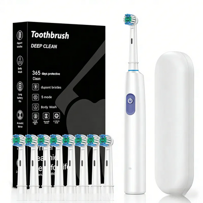 White Rotating Round Head Electric Toothbrush Kit with 8 Heads & Case - 3D Oscillating Mechanical Cleaning for Deep Plaque Removal