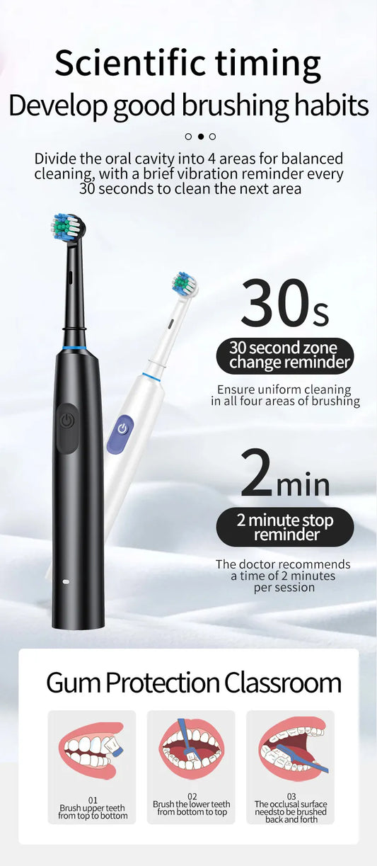 White Rotating Round Head Electric Toothbrush Kit with 8 Heads & Case - 3D Oscillating Mechanical Cleaning for Deep Plaque Removal - Image 6