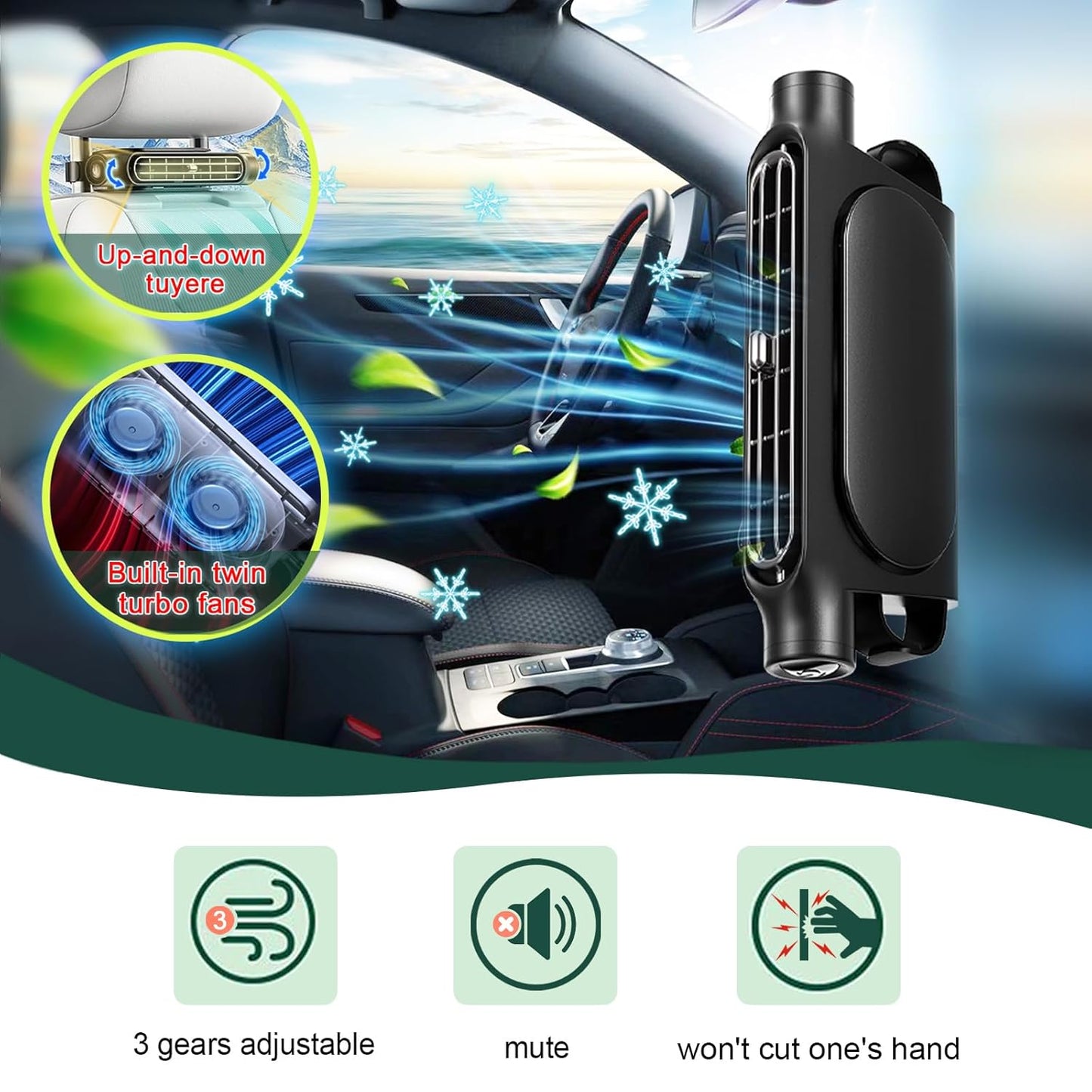 Black Cordless Dual-Turbo Car Seat Cooling Fan with Velcro Mount - Powerful 3-Speed Backrest Ventilation, Adjustable Airflow Angle & Hair-Safe Design - Image 4