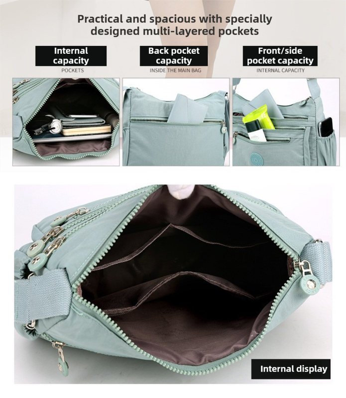 Light Blue Versatile Nylon Multi-Pocket Crossbody Bag - Lightweight Casual Travel Purse, Waterproof Horizontal Square Design - Image 3