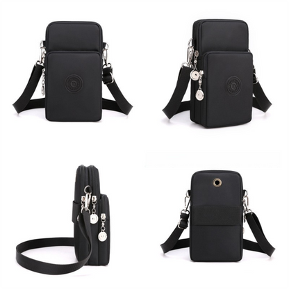 Pink 3-Layer Waterproof Nylon Vertical Crossbody Phone Bag -  Lightweight Phone Purse with Headphone Jack & Adjustable Strap - Image 2