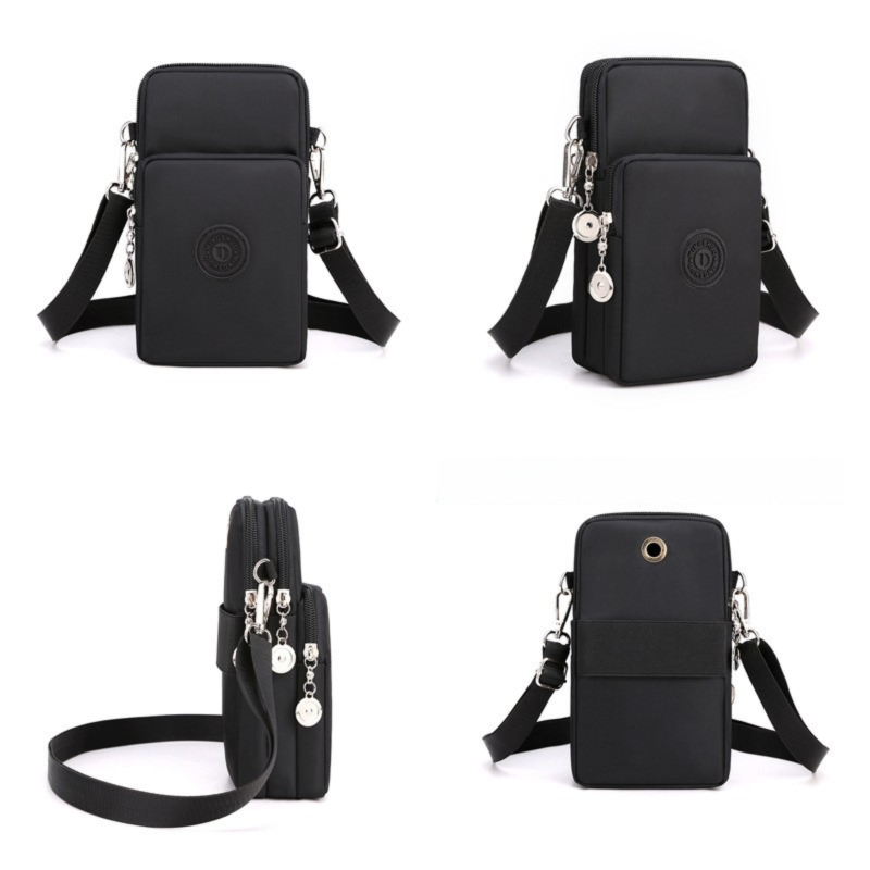 Black Feather 3-Layer Waterproof Nylon Vertical Crossbody Phone Bag -  Lightweight Phone Purse with Headphone Jack & Adjustable Strap - Image 2