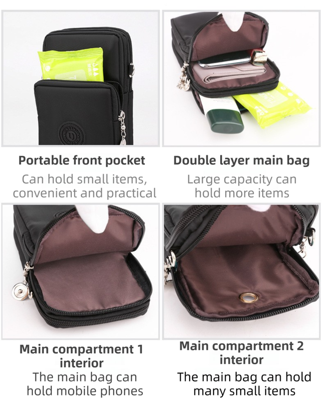 Black Feather 3-Layer Waterproof Nylon Vertical Crossbody Phone Bag -  Lightweight Phone Purse with Headphone Jack & Adjustable Strap - Image 3
