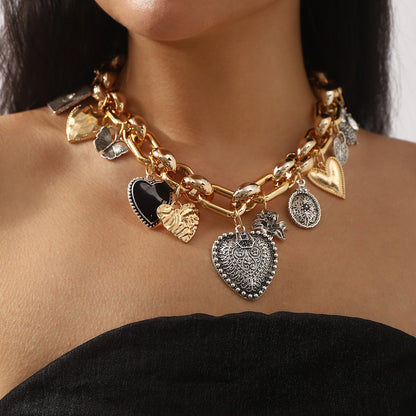 European and American Statement Exaggerated Heart & Floral Rhinestone Necklace - Adjustable Retro Chunky Clavicle Chain (Gold)