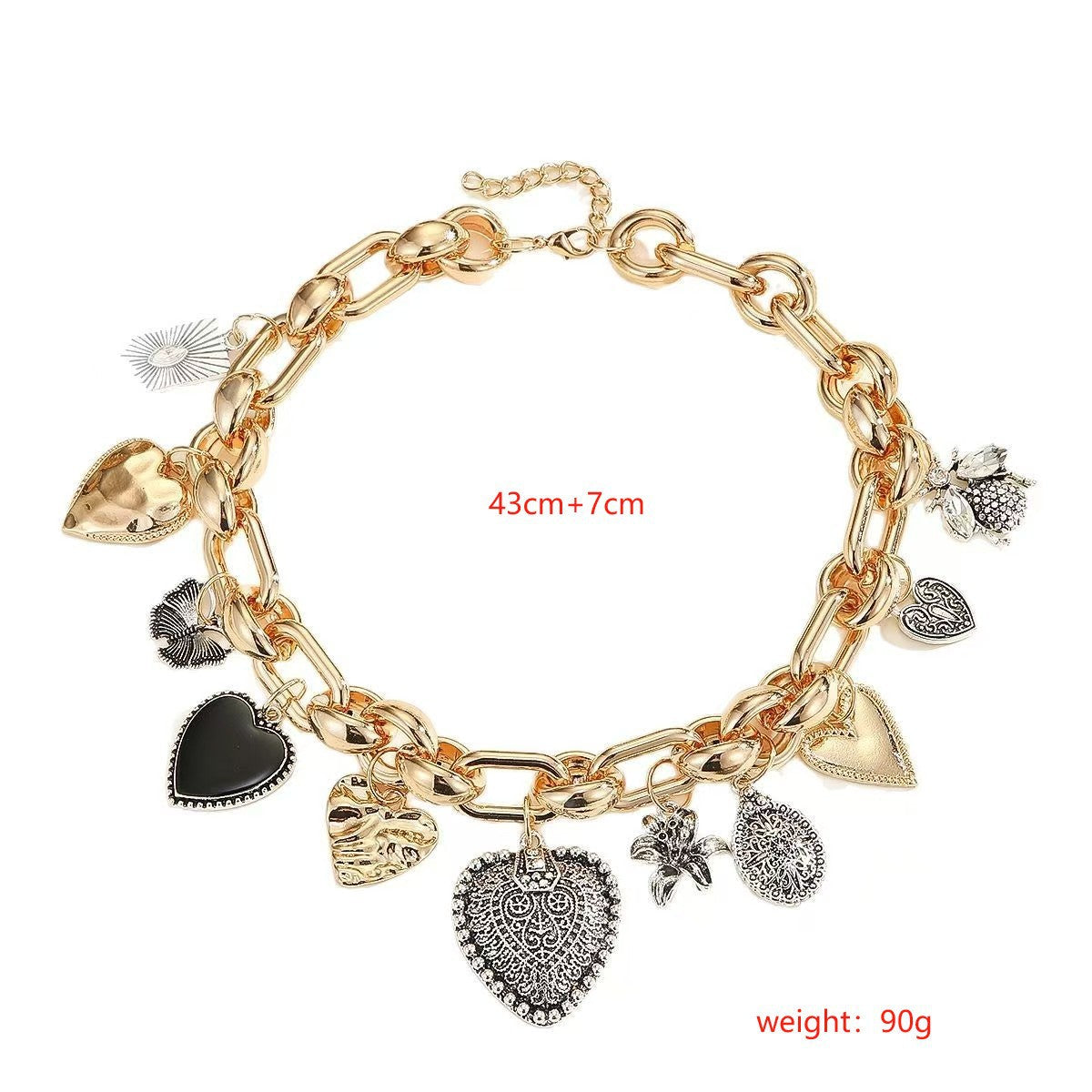 European and American Statement Exaggerated Heart & Floral Rhinestone Necklace - Adjustable Retro Chunky Clavicle Chain (Gold) - Image 3