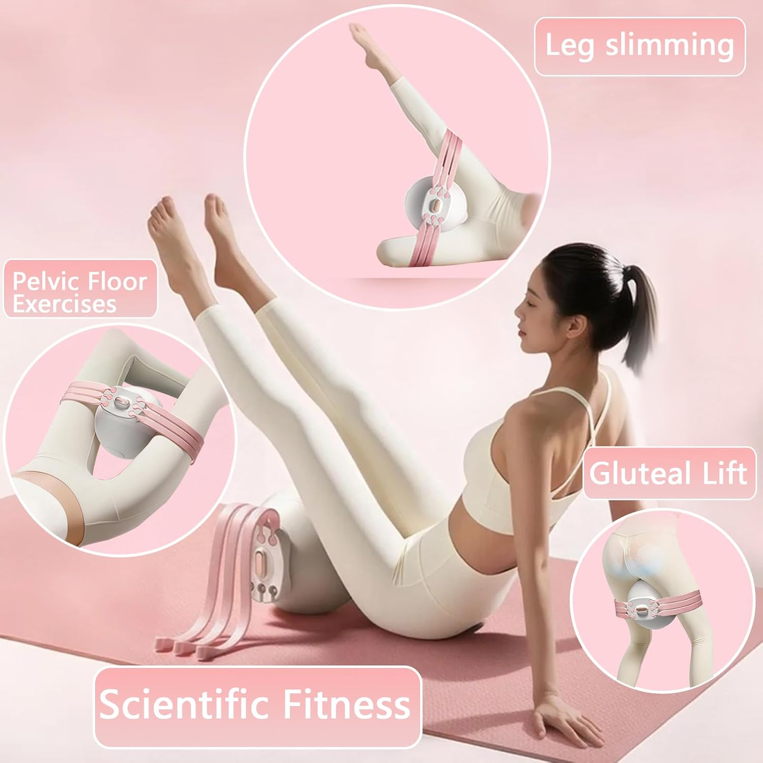 Pink 3-Level Resistance Pelvic Floor & Inner Thigh Trainer - Multi-Function Kegel Exercise Set with 25cm Yoga Ball & 3-Pair Resistance Rope - Image 4