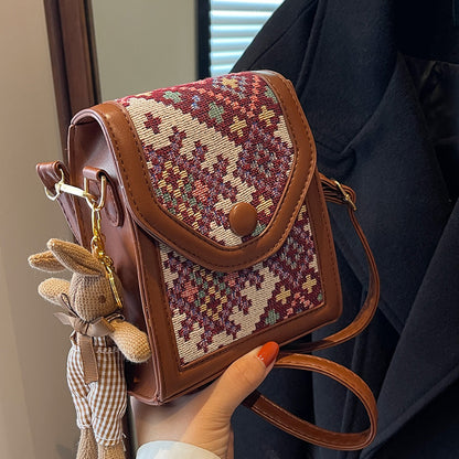 Red Boho-Chic PU Leather Crossbody Phone Purse with Cute Rabbit Pendant - Stylish Multi-Functional Compact Square Bag - Image 2