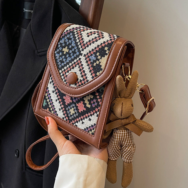 Black Boho-Chic PU Leather Crossbody Phone Purse with Cute Rabbit Pendant - Stylish Multi-Functional Compact Square Bag - Image 2