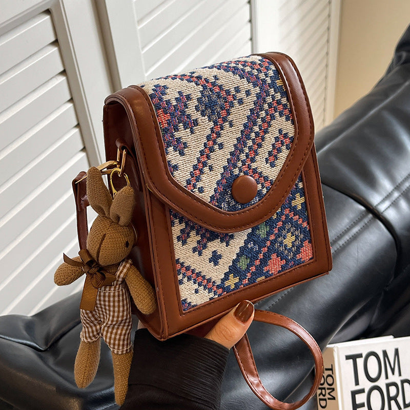 Blue Boho-Chic PU Leather Crossbody Phone Purse with Cute Rabbit Pendant - Stylish Multi-Functional Compact Square Bag - Image 2