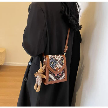 Blue Boho-Chic PU Leather Crossbody Phone Purse with Cute Rabbit Pendant - Stylish Multi-Functional Compact Square Bag - Image 3