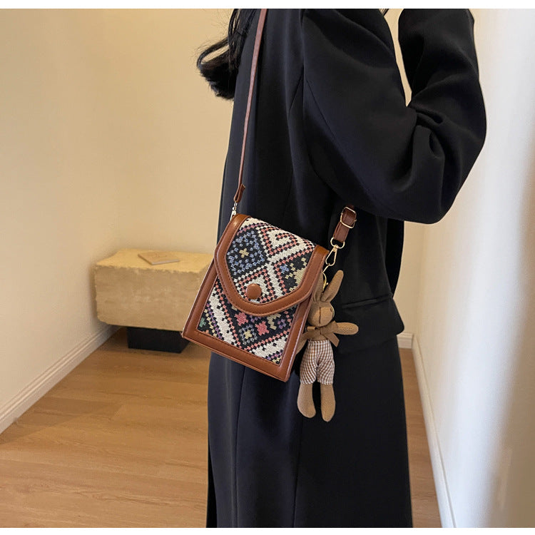 Blue Boho-Chic PU Leather Crossbody Phone Purse with Cute Rabbit Pendant - Stylish Multi-Functional Compact Square Bag - Image 4