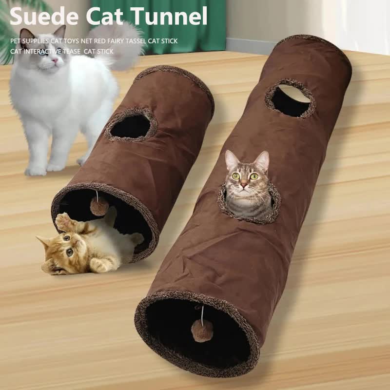 30X67CM Grey Durable Suede Foldable Cat Tunnel - Interactive Multi-Sensory Play Tube with Crinkle Paper & Plush Interior, plush ball and Steel Frame - Image 2