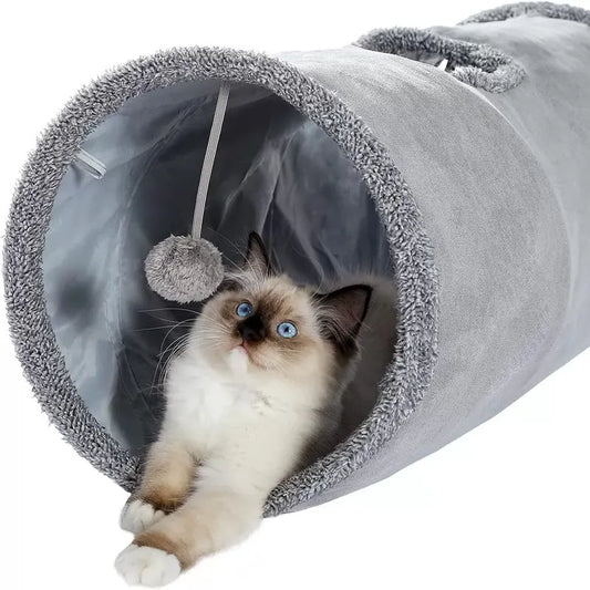 30X130CM Grey Durable Suede Foldable Cat Tunnel - Interactive Multi-Sensory Play Tube with Crinkle Paper & Plush Interior, plush ball and Steel Frame