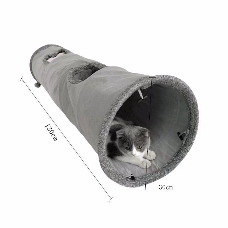 30X130CM Grey Durable Suede Foldable Cat Tunnel - Interactive Multi-Sensory Play Tube with Crinkle Paper & Plush Interior, plush ball and Steel Frame - Image 4