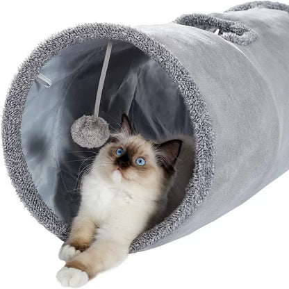 30X67CM Brown Durable Suede Foldable Cat Tunnel - Interactive Multi-Sensory Play Tube with Crinkle Paper & Plush Interior, plush ball and Steel Frame - Image 4