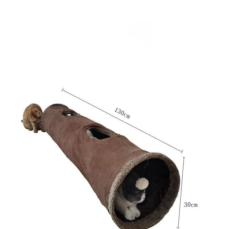 30X130CM Brown Durable Suede Foldable Cat Tunnel - Interactive Multi-Sensory Play Tube with Crinkle Paper & Plush Interior, plush ball and Steel Frame - Image 4