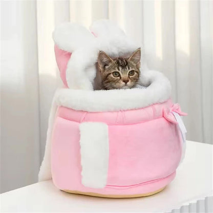 Pink 2-in-1 Ultra-Soft Plush Pet Carrier & Mobile Bed - Portable & Lightweight Cute Rabbit Ear Design Travel Cabin (L 33 x 25 x 27CM) - Image 5