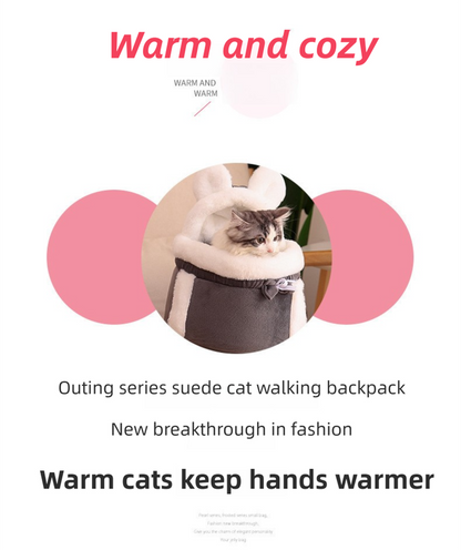 Grey 2-in-1 Ultra-Soft Plush Pet Carrier & Mobile Bed - Portable & Lightweight Cute Cat Ear Design Travel Cabin (L 33 x 25 x 27CM) - Image 2
