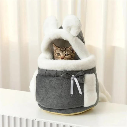 Grey 2-in-1 Ultra-Soft Plush Pet Carrier & Mobile Bed - Portable & Lightweight Cute Cat Ear Design Travel Cabin (L 33 x 25 x 27CM) - Image 6