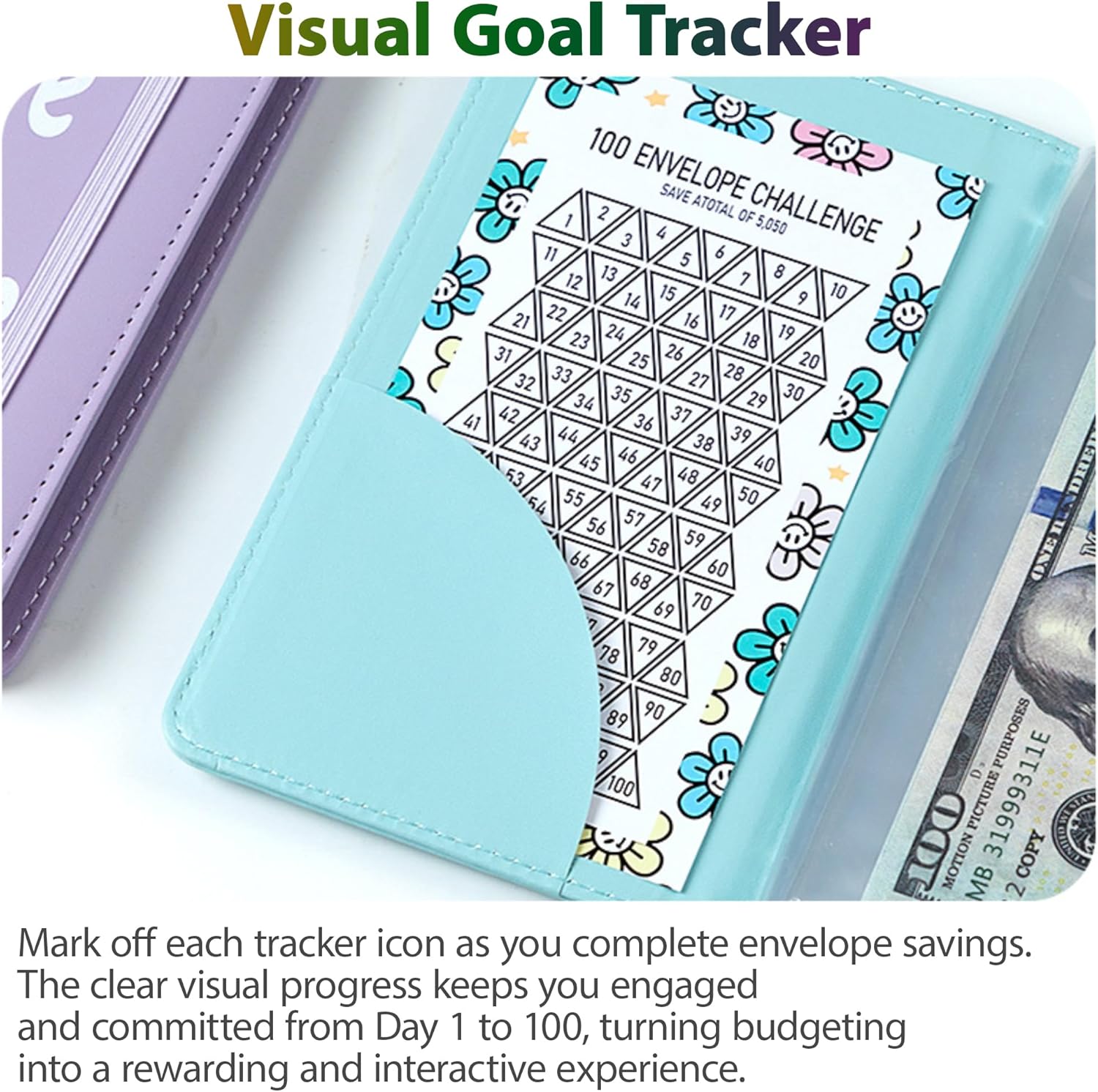 Blue 100 Days Envelope Savings Challenge with 50 Clear Double-Sided Pages - Portable A6 Size for Budgeting & Financial Goals - Image 5