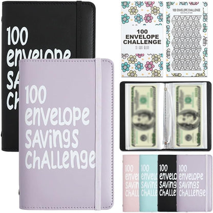 Two-Player 100 Days Envelope Savings Challenge with 50 Clear Double-Sided Pages - Portable A6 Size for Budgeting & Financial Goals (Purple + Black)