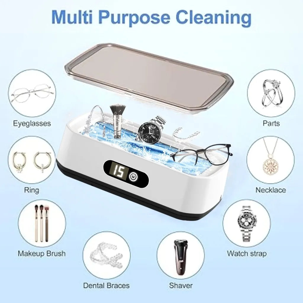 X82 White Ultrasonic Jewelry & Eyeglass Deep Cleaner with Cloth - LCD Digital Display & 5-Level Intelligent Timers and Large 650ml Stainless Steel Tank - Image 5