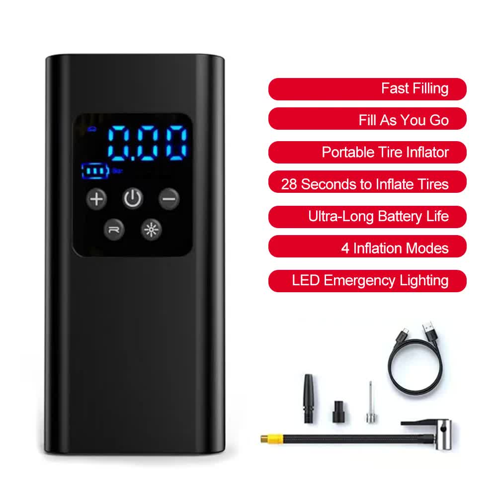Wireless Rechargeable Tire Inflator with 4 Inflation Modes & 5 Inflatable Parts - Real-Time LCD Precision Gauge, Auto-Stop & Emergency LED Light(2-Cell) - Image 3