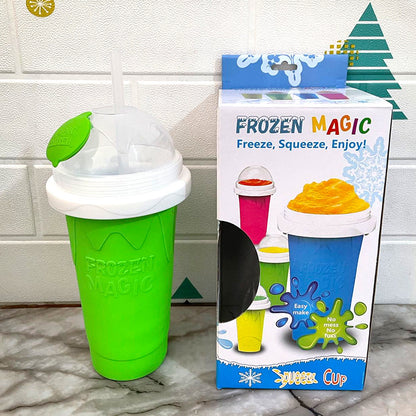 Green Instant DIY Slushie Squeeze Maker Cup - Food-Grade Silicone Double-Layer Cooling Smoothie Cup with 2-in-1 Straw & Spoon
