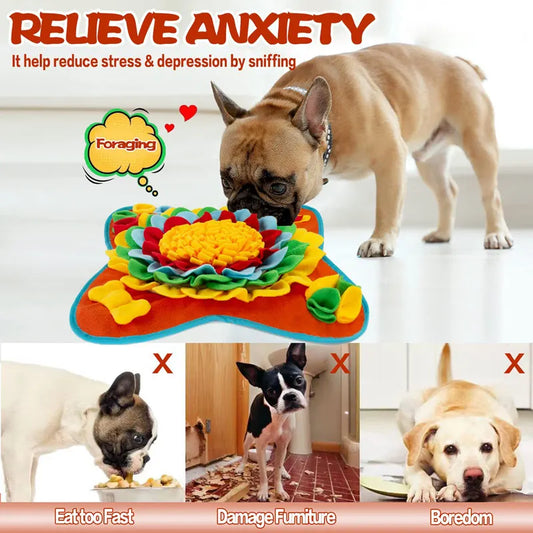 Red 50x50CM Soft Dog Sniffing Mat with Colorful Floral & Bone - Pet Stress Relief & Slow Feeding Mat & Enrichment Blanket - Image 3