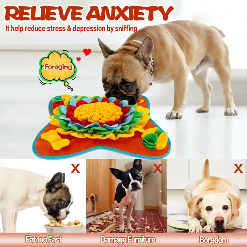 Yellow-Green 50x50CM Soft Dog Sniffing Mat with Colorful Floral & Bone - Pet Stress Relief & Slow Feeding Mat & Enrichment Blanket - Image 3