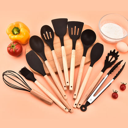 12-Piece Black Heat-Resistant Silicone Cooking Utensils with Wooden Handles and Box - Non-Stick Scratch-Free Kitchen Tool Kit - Image 2