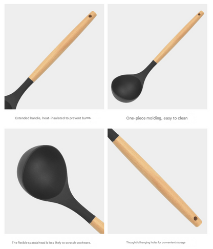 12-Piece Black Heat-Resistant Silicone Cooking Utensils with Wooden Handles and Box - Non-Stick Scratch-Free Kitchen Tool Kit - Image 4