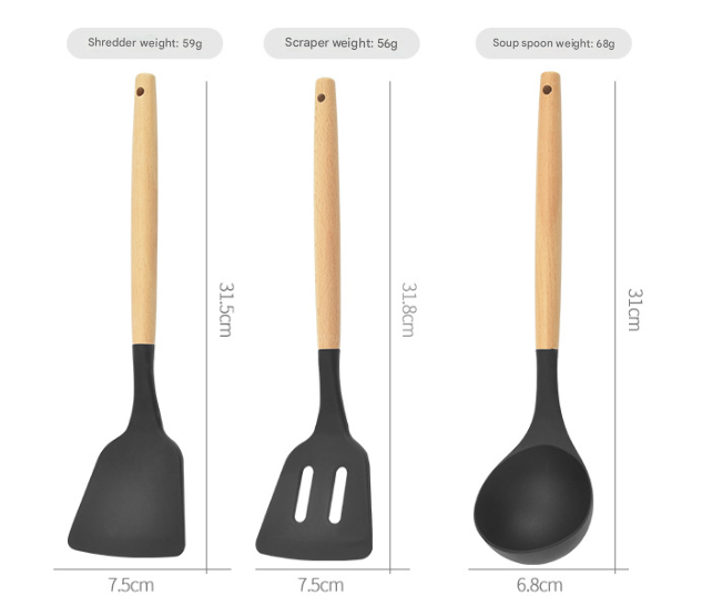 12-Piece Black Heat-Resistant Silicone Cooking Utensils with Wooden Handles and Box - Non-Stick Scratch-Free Kitchen Tool Kit - Image 5