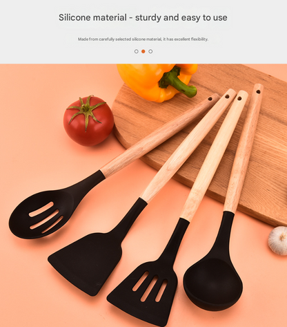 12-Piece Pink Heat-Resistant Silicone Cooking Utensils with Wooden Handles and Box - Non-Stick Scratch-Free Kitchen Tool Kit - Image 2