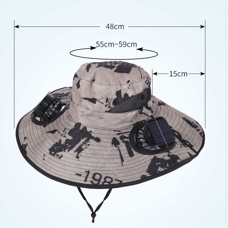 Khaki Dual Turbo Fan Sun Hat with Round Solar Panel & TypeC Interface - Waterproof 14cm Wide-Brim Cooling Hat for Outdoor Fishing Hiking Camping - Image 3