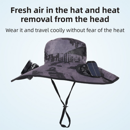 Dark Grey Dual Turbo Fan Sun Hat with Round Solar Panel & TypeC Interface - Waterproof 14cm Wide-Brim Cooling Hat for Outdoor Fishing Hiking Camping - Image 2