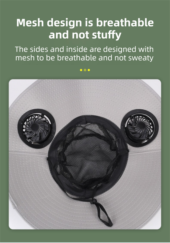 Dark Grey Dual Turbo Fan Sun Hat with Round Solar Panel & TypeC Interface - Waterproof 14cm Wide-Brim Cooling Hat for Outdoor Fishing Hiking Camping - Image 4