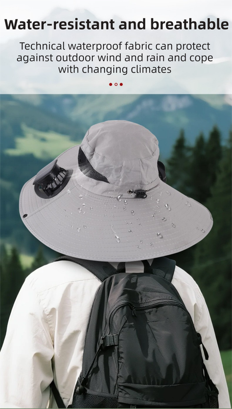 Dark Grey Dual Turbo Fan Sun Hat with Round Solar Panel & TypeC Interface - Waterproof 14cm Wide-Brim Cooling Hat for Outdoor Fishing Hiking Camping - Image 6
