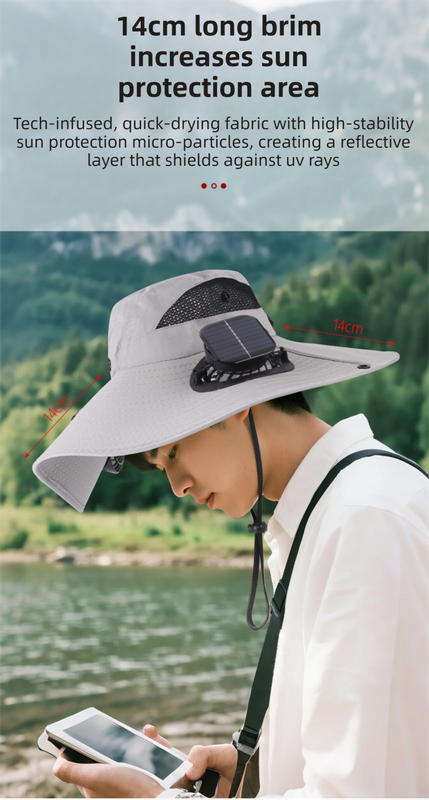 Dark Grey Dual Turbo Fan Sun Hat with Round Solar Panel & TypeC Interface - Waterproof 14cm Wide-Brim Cooling Hat for Outdoor Fishing Hiking Camping - Image 7