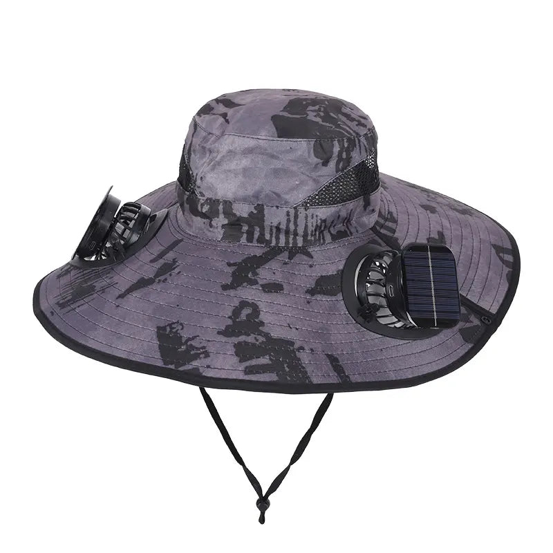 Camouflage Grey Dual Turbo Fan Sun Hat with Square Solar Panel & TypeC Interface - Waterproof 14cm Wide-Brim Cooling Hat for Outdoor Fishing Hiking Camping