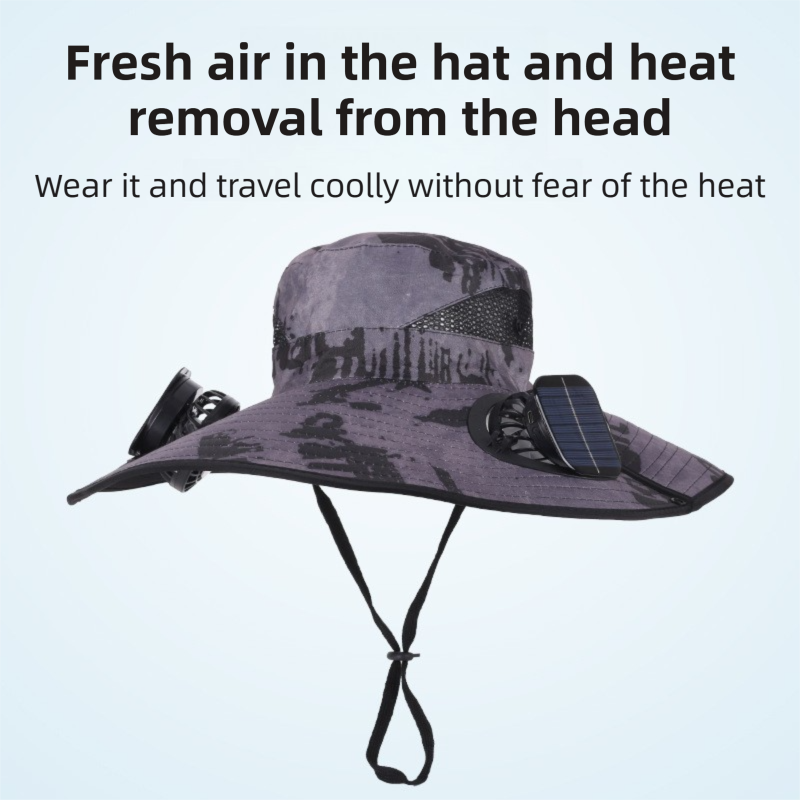 Camouflage Grey Dual Turbo Fan Sun Hat with Square Solar Panel & TypeC Interface - Waterproof 14cm Wide-Brim Cooling Hat for Outdoor Fishing Hiking Camping - Image 2