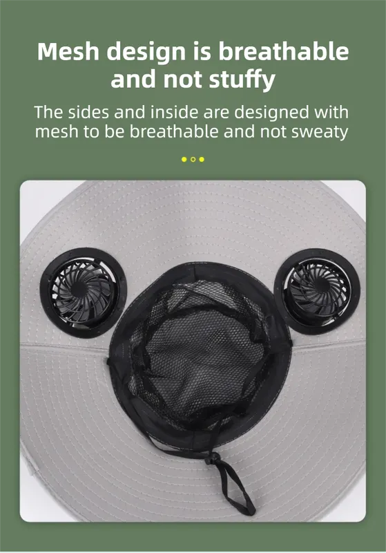 Camouflage Grey Dual Turbo Fan Sun Hat with Square Solar Panel & TypeC Interface - Waterproof 14cm Wide-Brim Cooling Hat for Outdoor Fishing Hiking Camping - Image 4