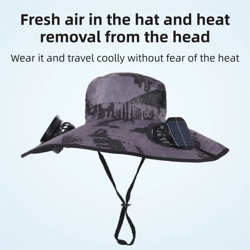 Camouflage Grey Dual Turbo Fan Sun Hat with Round Solar Panel & TypeC Interface - Waterproof 14cm Wide-Brim Cooling Hat for Outdoor Fishing Hiking Camping - Image 2