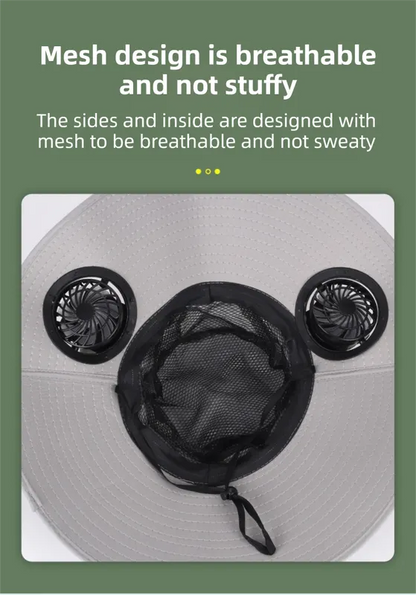 Camouflage Grey Dual Turbo Fan Sun Hat with Round Solar Panel & TypeC Interface - Waterproof 14cm Wide-Brim Cooling Hat for Outdoor Fishing Hiking Camping - Image 4