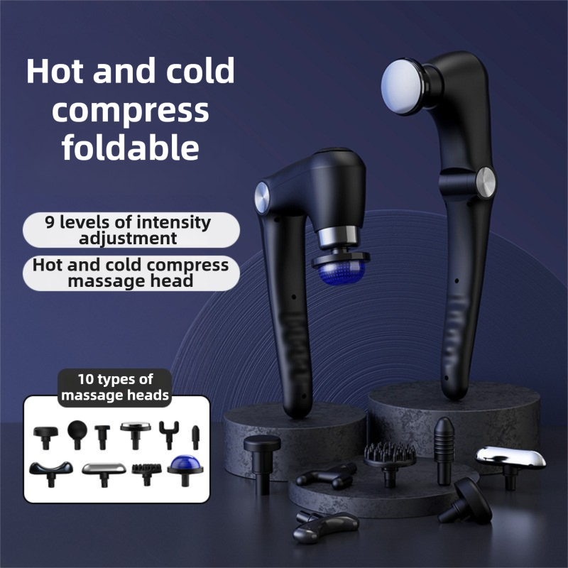 Black-Blue Foldable Percussion Massage Gun with Hot Cold Compress & 10 Heads - 9 Speed Levels and High Frequency Vibration Full Body Muscle Relaxer - Image 2