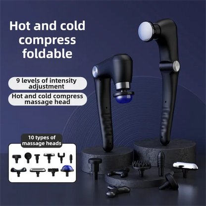 Black-Sliver Foldable Percussion Massage Gun with Hot Cold Compress & 10 Heads - 9 Speed Levels and High Frequency Vibration Full Body Muscle Relaxer - Image 2
