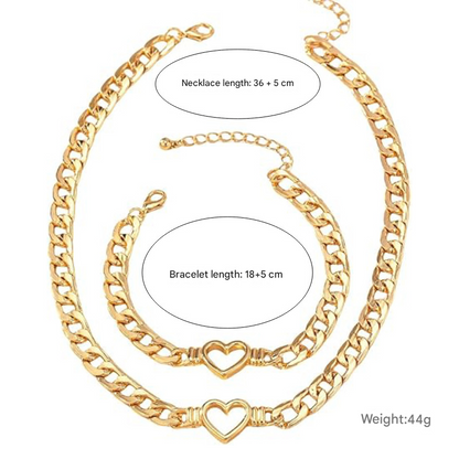 Style 1 Trendy Gold-Plated Heart Necklace & Bracelet Set - Tarnish Free Alloy Cuban Link Jewelry for Fashionable Women - Image 2