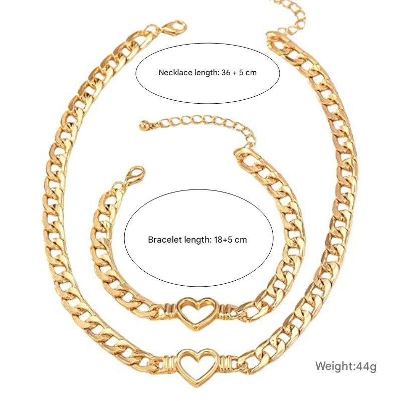 Style 2 Trendy Gold-Plated Heart Necklace & Bracelet Set - Tarnish Free Alloy Cuban Link Jewelry for Fashionable Women - Image 2